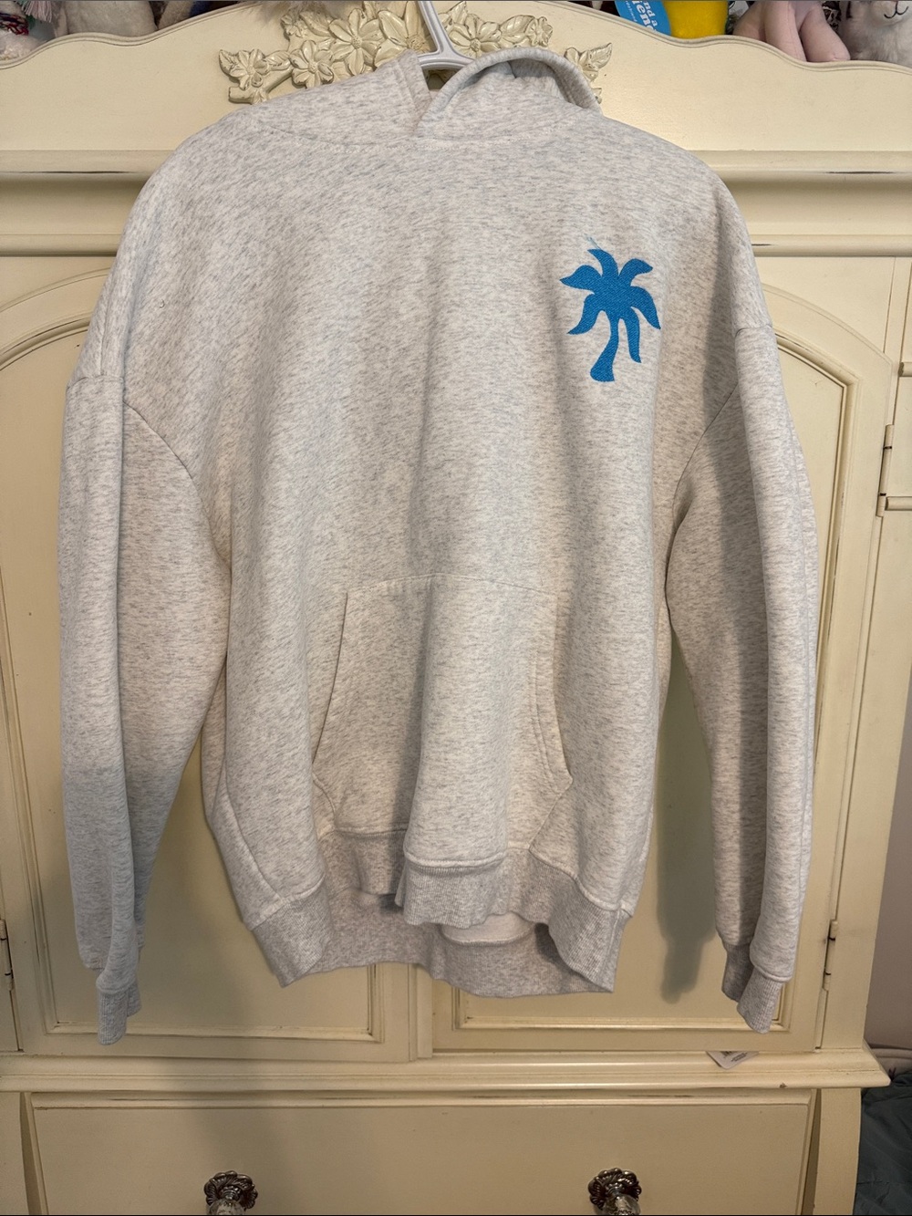 Pink Palm Puff XL embroidered hoodie light gray NWOT